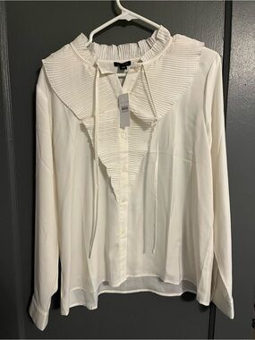 Ann Taylor Cream Ruffle Bib Button-Front Blouse